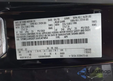 2018 Ford Escape Se z USA, uszkodzony, nr VIN 1FMCU0GD7JUC47452